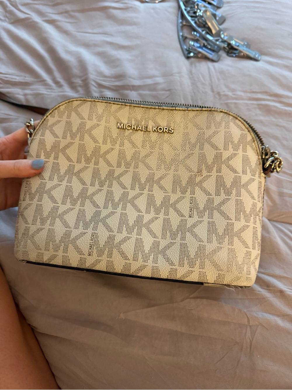 Michael Kors Cream Logo-Print Crossbody Bag with Gold Hardware
